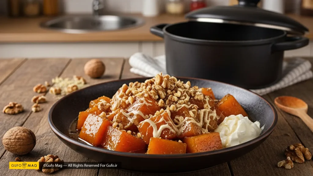 یک ظرف دسر کدو حلوایی کاراملی تزئین شده با گردو و خامه