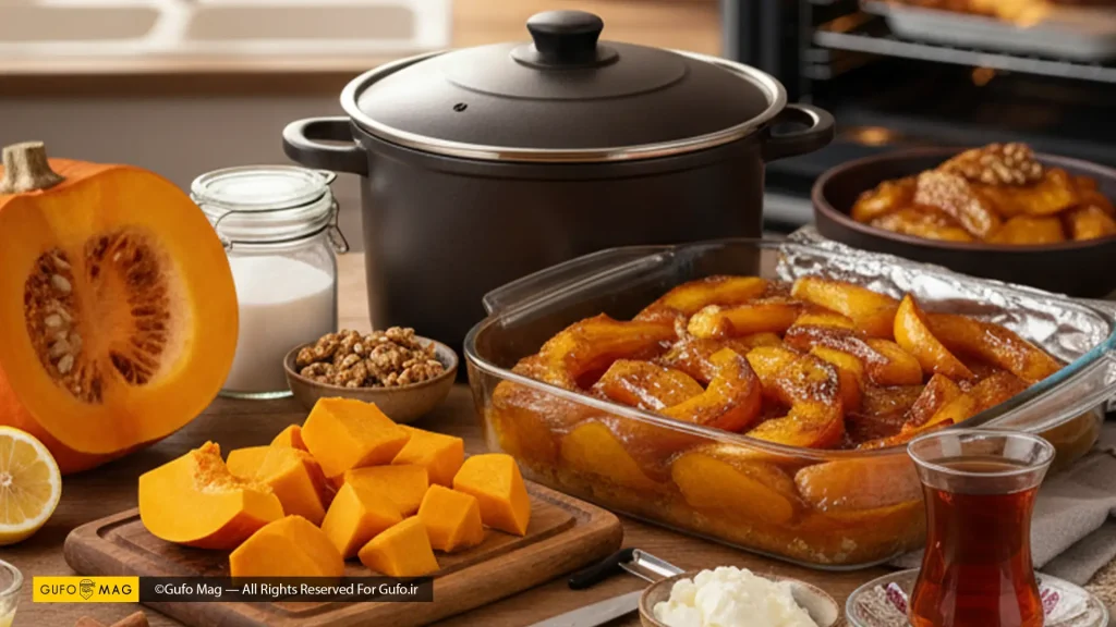 یک ظرف دسر کدو حلوایی کاراملی، با چای و مواد دورچین برای سرو