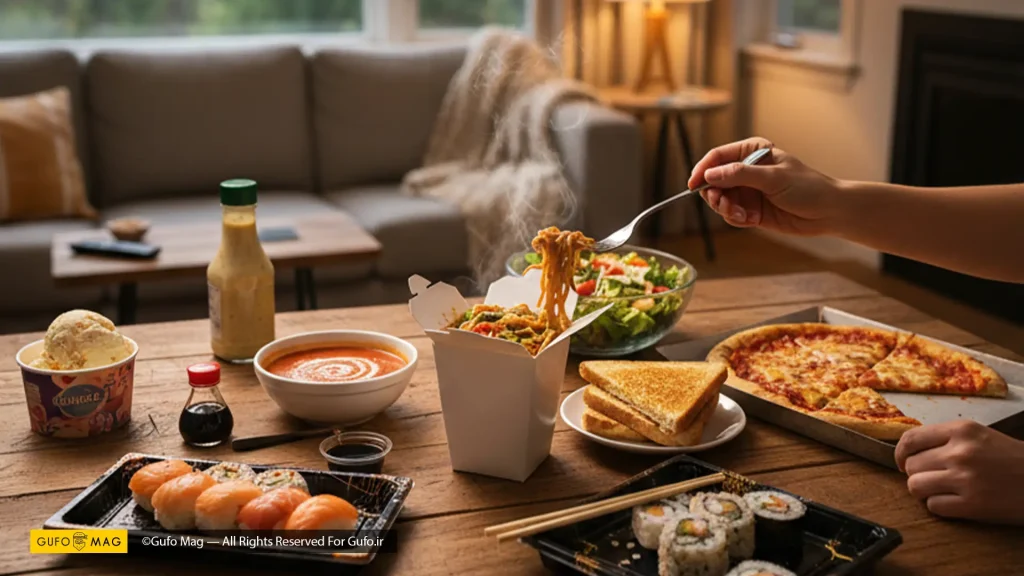 میز شام با انواع غذاهای آماده و سریع شامل سوشی، پیتزا، نودل و ساندویچ تست