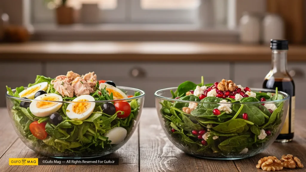 دو کاسه سالاد مقوی، یکی با تن ماهی و تخممرغ و دیگری با اسفناج و انار