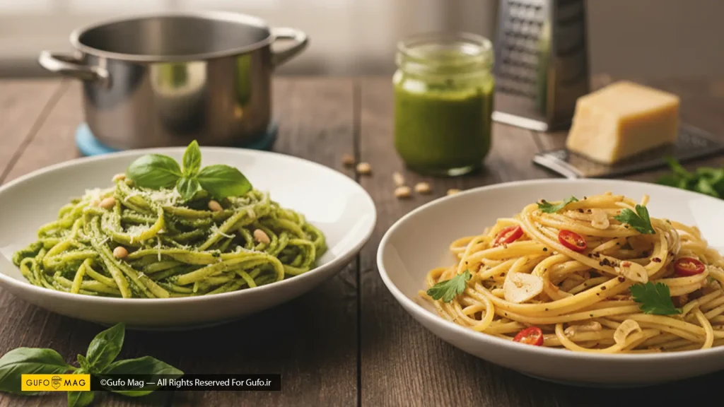 دو ظرف پاستا با سسهای آماده؛ یکی پستو و دیگری با سیر و روغن زیتون