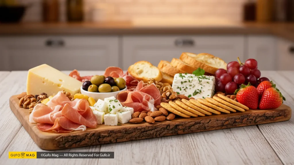 یک بشقاب مزه بزرگ با پنیر، ژامبون، زیتون، کراکر، نان و میوه