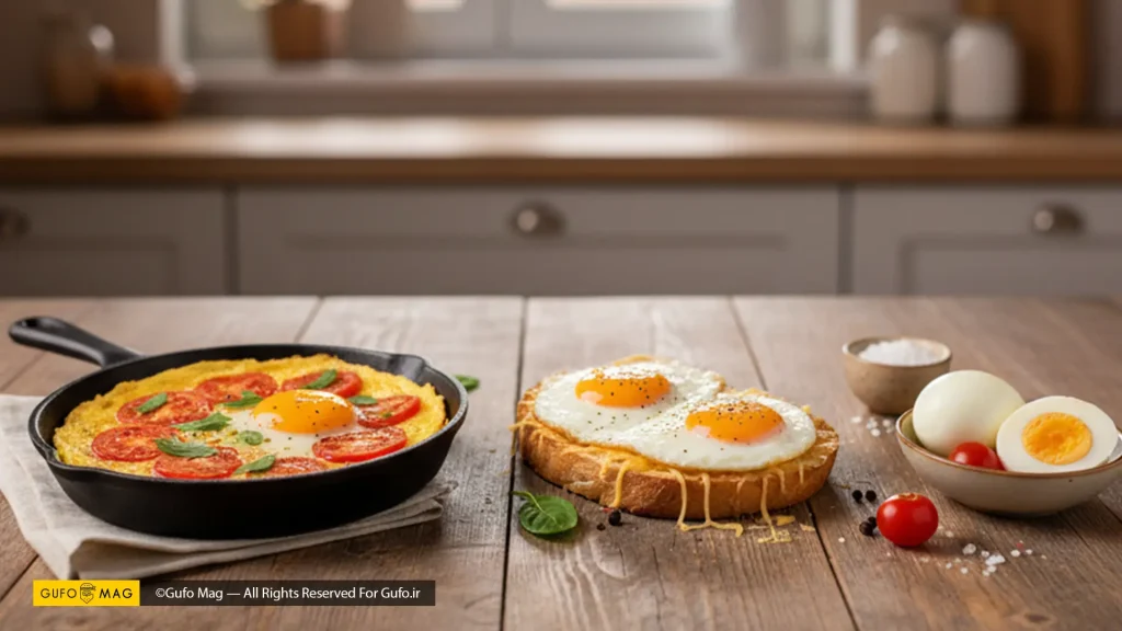 سه ایده غذای سریع با تخممرغ شامل املت، نیمرو روی نان تست و تخممرغ آبپز
