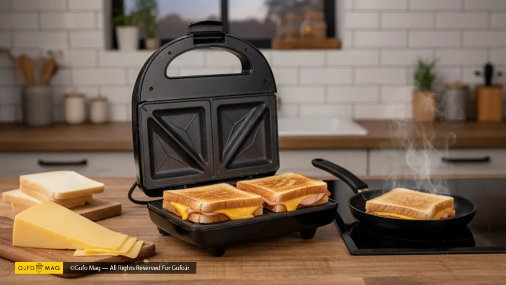 ساندویچساز در حال آماده کردن تست پنیر گریل شده و یک تابه حاوی تست دیگر