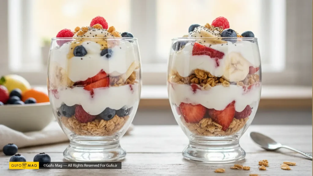دو لیوان پارفه ماست و گرانولا با میوههای تازه و مغزیجات