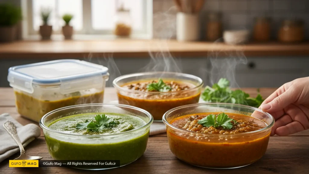 ظروف آماده غذاهای خانگی گرم شده (خورشت و سوپ) در آشپزخانه