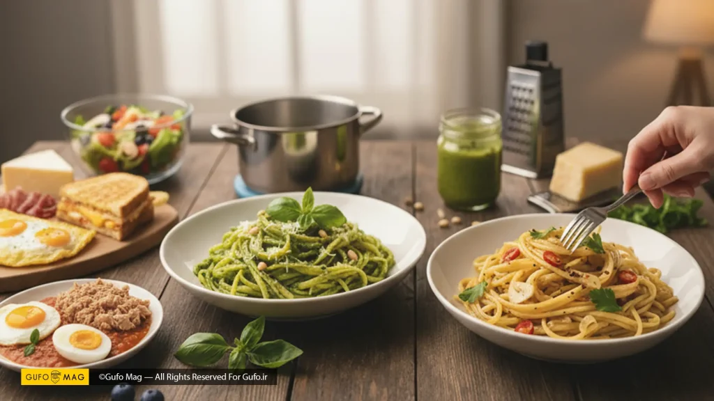 یک میز بزرگ پر از غذاهای سریع و آسان شامل سالاد، تست، املت، ماست، نودل و بشقاب مزه