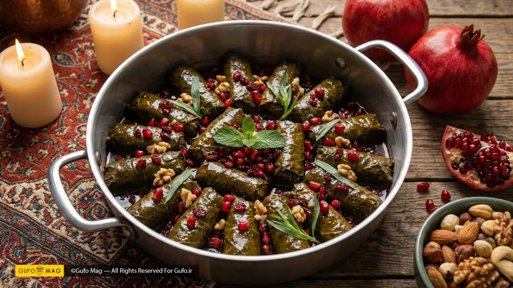 دلمه برگ مو با چاشنی رب انار مخصوص شب یلدا