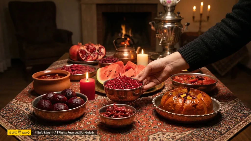 چیدن میز مخصوص شب یلدا با غذاهای رنگی و قرمز