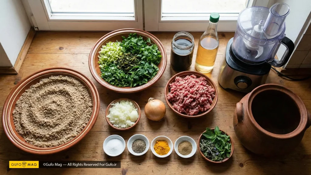 چیدمان کامل مواد اولیه تازه برای تهیه خورش اناربیج اصیل روی میز چوبی آشپزخانه