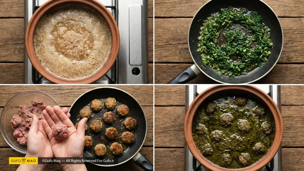 پخت اناربیج: آمادهسازی گردو، سرخ کردن سبزی، درست کردن قلقلی و جا افتادن خورش