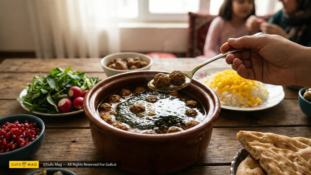 سرو یک قاشق از خورش اناربیج جاافتاده و پر روغن از دیگ سفالی