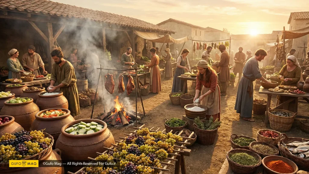 سکونتگاه باستانی و انسان‌های اولیه در غروب آفتاب مشغول دودی کردن گوشت و نگهداری غذا