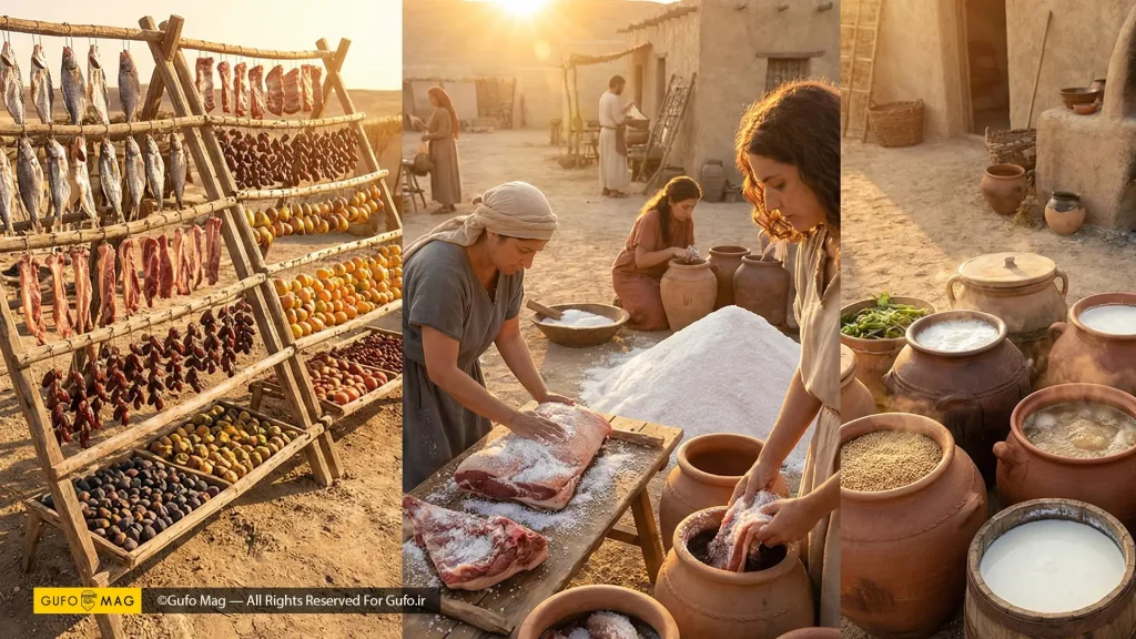 بازار شلوغ باستانی و مردم در حال نمک‌سود کردن گوشت، تخمیر سبزیجات و خشک کردن مواد غذایی
