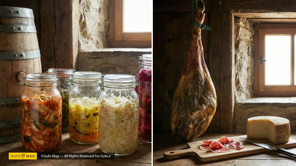 انبار روستایی و نگهداری شیشه‌های ترشی تخمیری و ژامبون خشک‌شده و پنیر کهنه