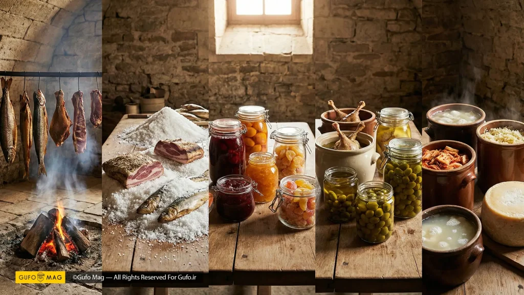 پنج روش سنتی نگهداری غذا شامل دودی کردن، نمک‌سود، شکرسود (مربا)، غرق در روغن و تخمیر