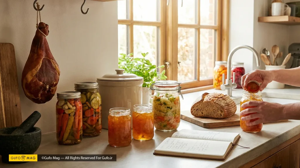 آشپزخانه روستایی مدرن و فردی مشغول ریختن مربا در شیشه