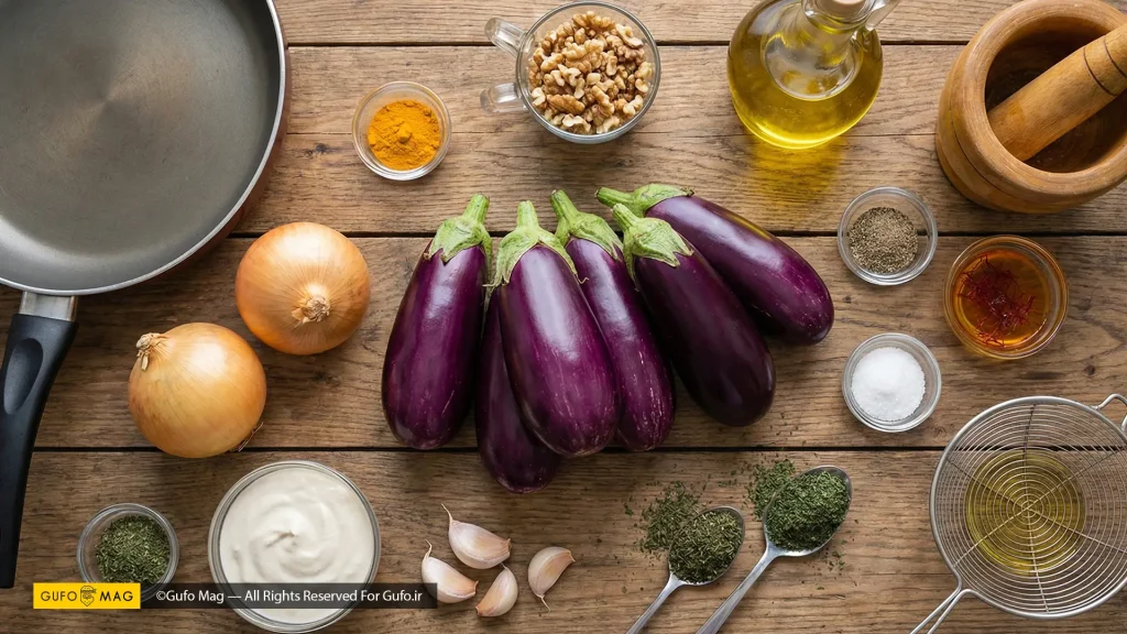 مواد اولیه تازه و تجهیزات لازم برای تهیه کشک بادمجان