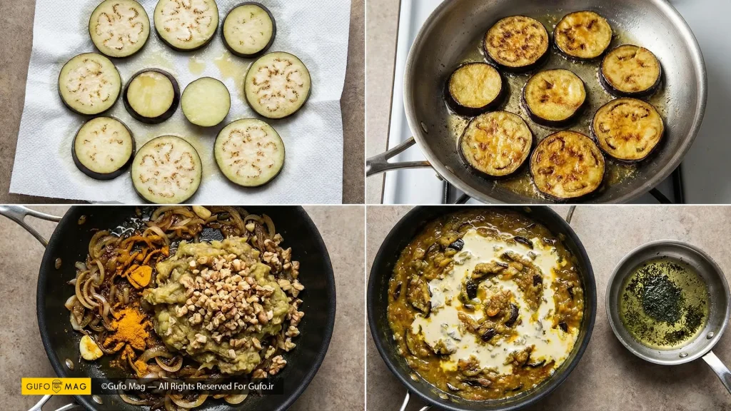 مراحل گام‌به‌گام پخت، از تلخی‌زدایی بادمجان تا افزودن کشک و نعنا داغ