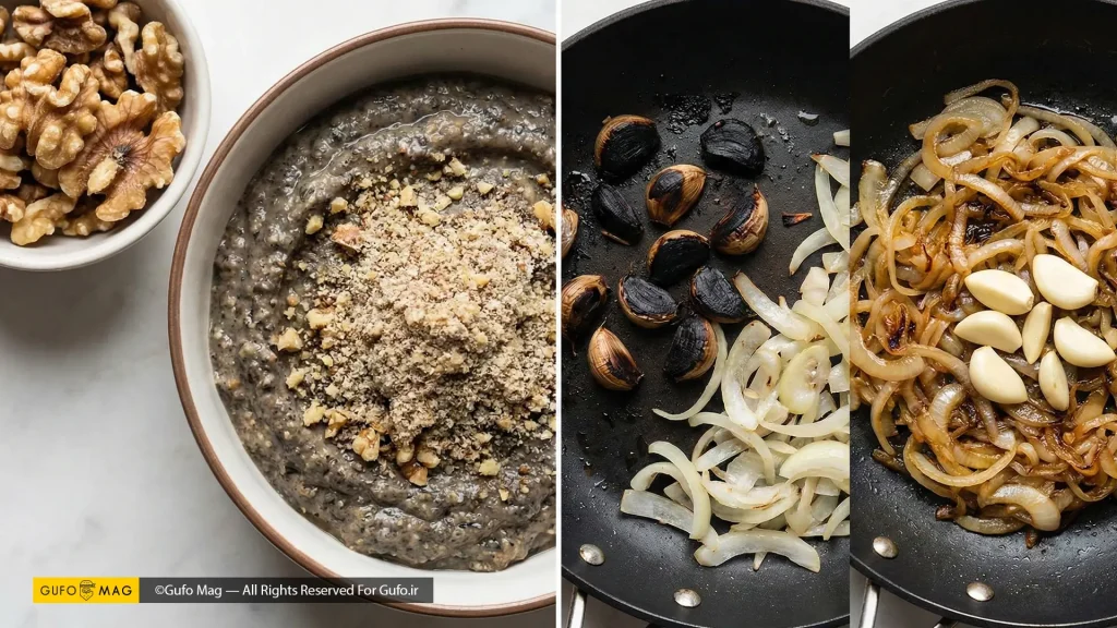 تصویر مقایسه‌ای اشتباهات رایج در آماده‌سازی بافت گردو و زمان‌بندی تفت دادن سیر و پیاز