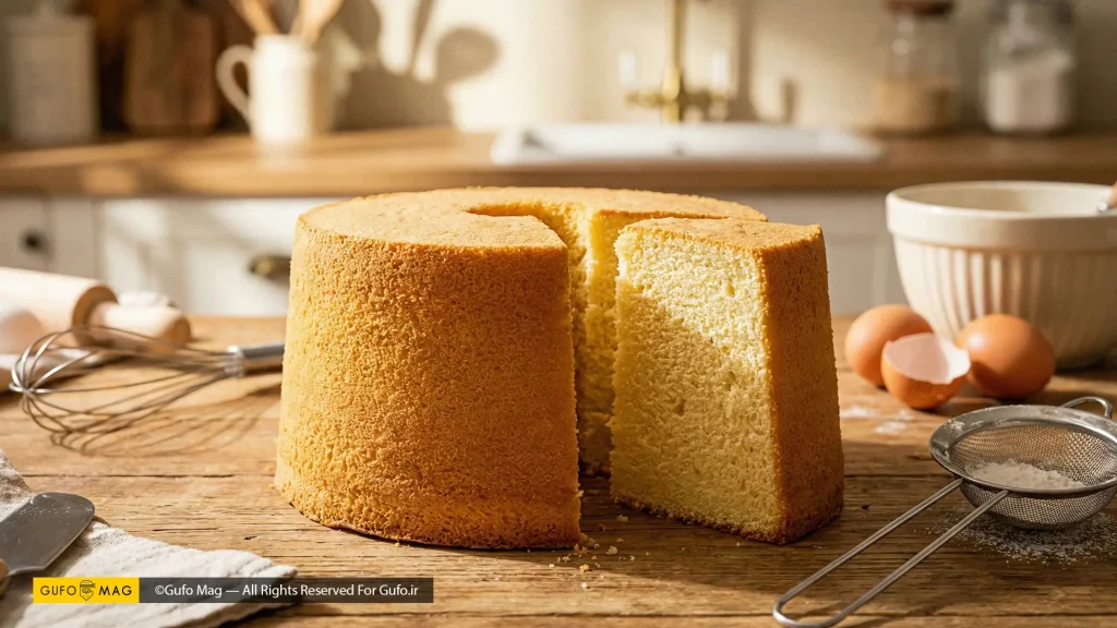 کیک اسفنجی بلند و طلایی با بافت پوک