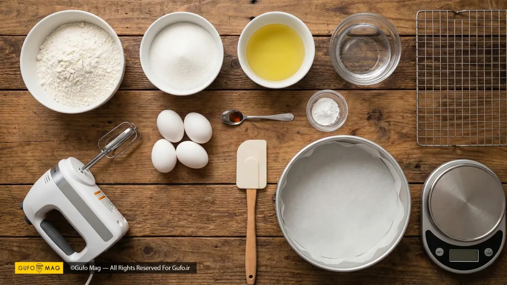 مواد اولیه و ابزار ضروری پخت کیک اسفنجی روی میز چوبی