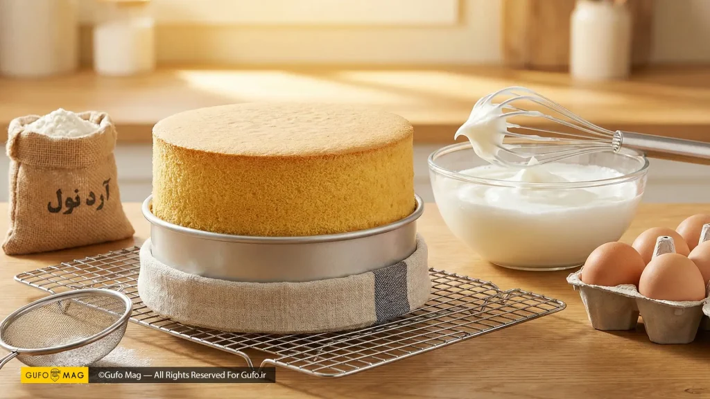 استفاده از نوار حولهای خیس دور قالب کیک برای پخت یکنواخت و صاف