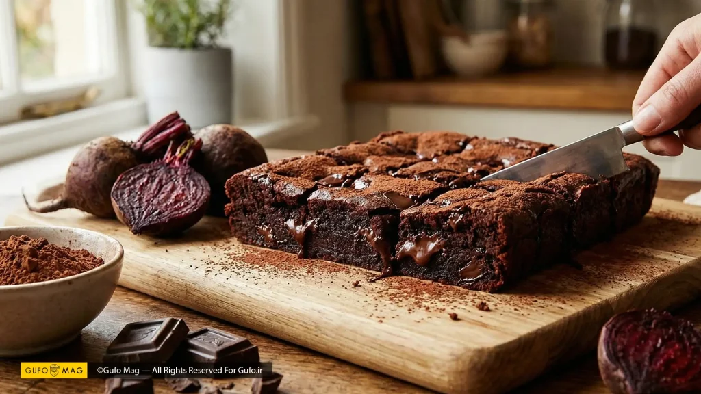 برش زدن براونی لبو شکلاتی با بافت مرطوب