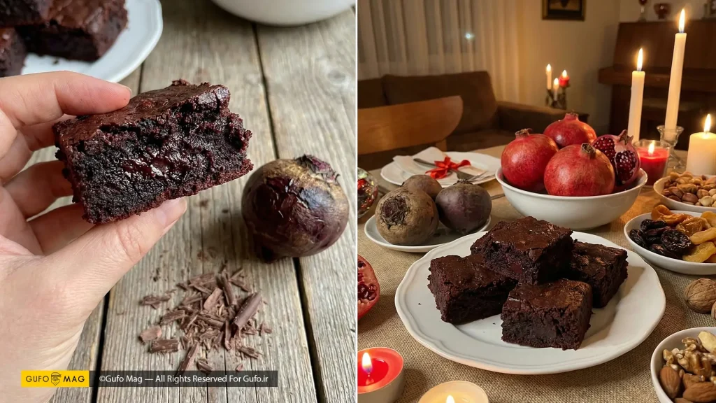 عکس نشاندهنده بافت مرطوب داخلی براونی و سرو آن روی میز شب یلدا