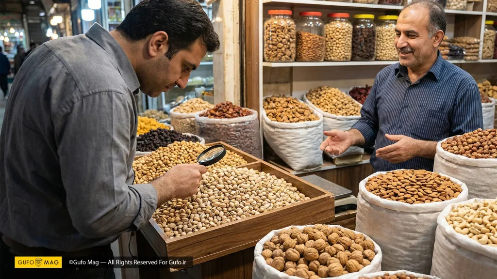 بررسی دقیق کیفیت پسته‌ها با ذره‌بین در یک خشکبارفروشی سنتی