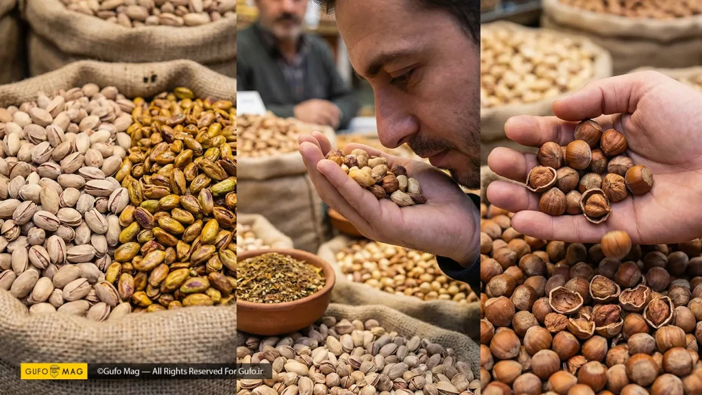 روش‌های تشخیص کیفیت آجیل شامل مقایسه ظاهری، بو کردن و شکستن مغزها