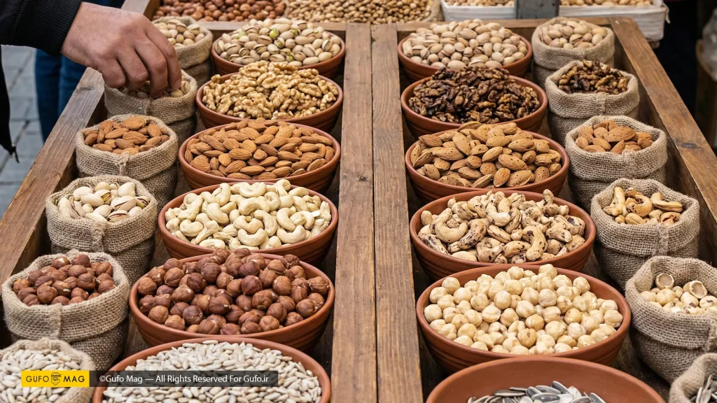 استند چوبی فروشگاهی پر از کاسه‌ها و کیسه‌های کنفی حاوی انواع مختلف مغزها و دانه‌های خوراکی