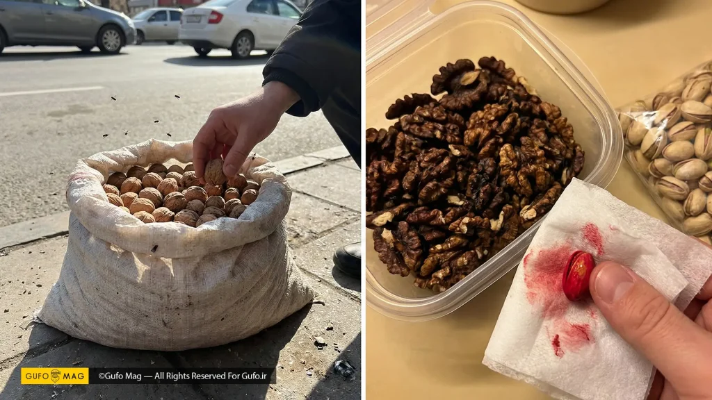خرید غیربهداشتی گردو از کنار خیابان و تست رنگ‌شدگی پسته با دستمال مرطوب