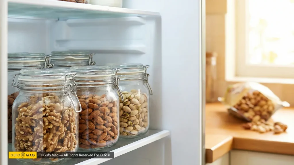 شیوه صحیح نگهداری طولانی‌مدت آجیل در ظروف شیشه‌ای دربسته داخل طبقات یخچال