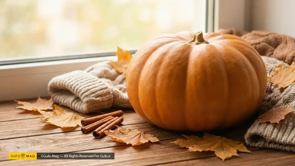کدو حلوایی نارنجی سالم کنار پنجره