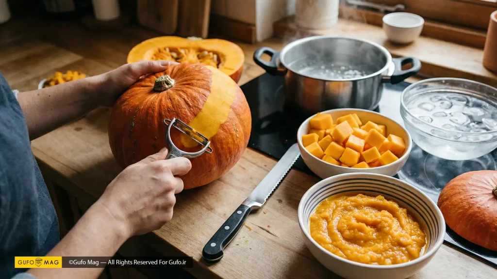 مراحل آمادهسازی و پوست گرفتن کدو حلوایی با ابزار مناسب در آشپزخانه