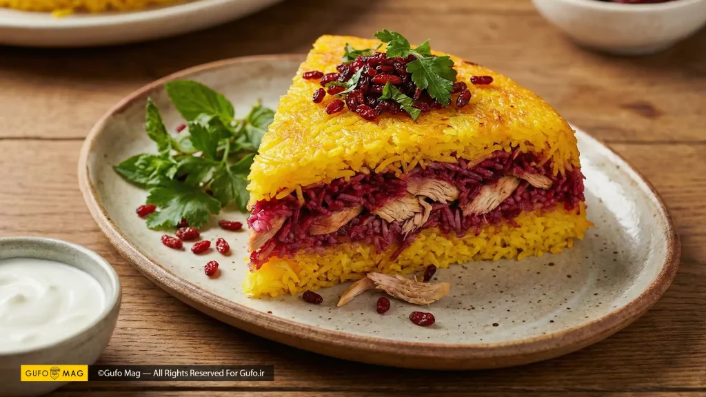 ته چین مرغ و لبوی دو رنگ با تزیینات کامل زرشک و پسته