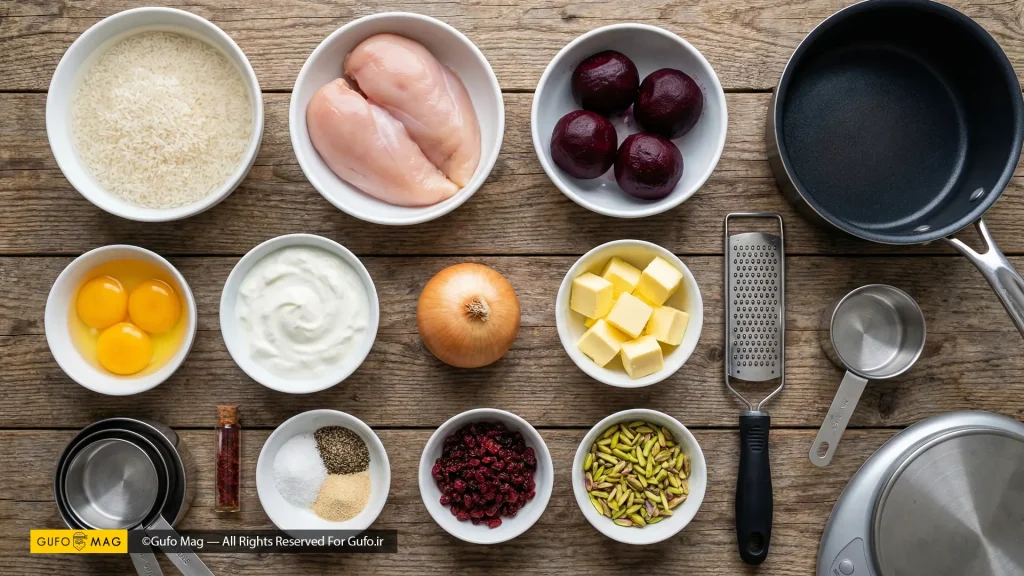 مواد اولیه لازم و آمادهشده برای تهیه ته چین مرغ و لبو