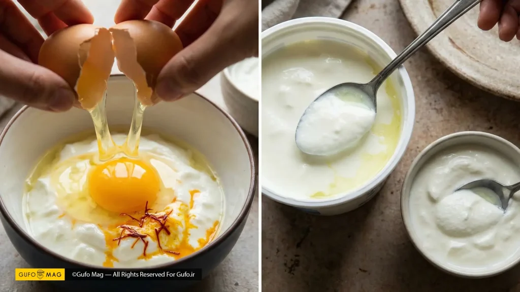 اشتباهات رایج در ته چین شامل استفاده از تخممرغ کامل و ماست رقیق