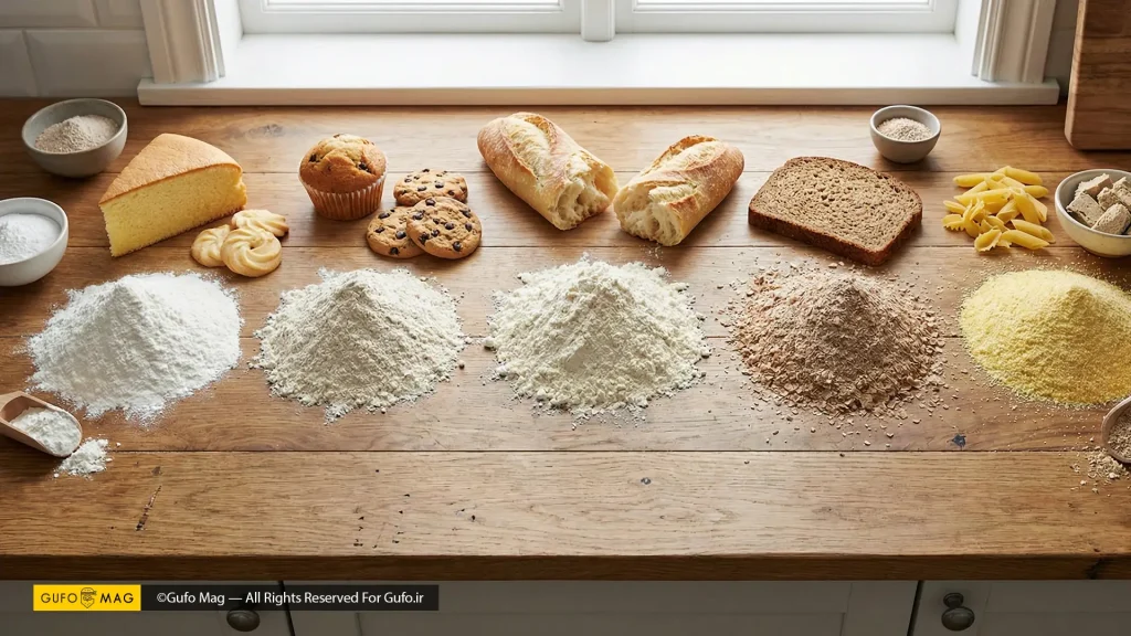 چیدمان پنج نوع آرد اصلی (سه صفر، نول، نان، کامل، سمولینا) در کنار محصولات پخته شده مرتبط با هر کدام