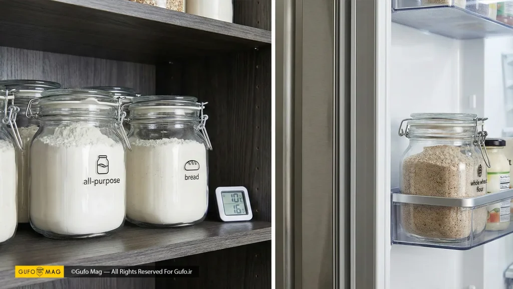 نگهداری صحیح آرد سفید در کابینت خنک و تاریک، و نگهداری آرد کامل در یخچال درون ظروف دربسته