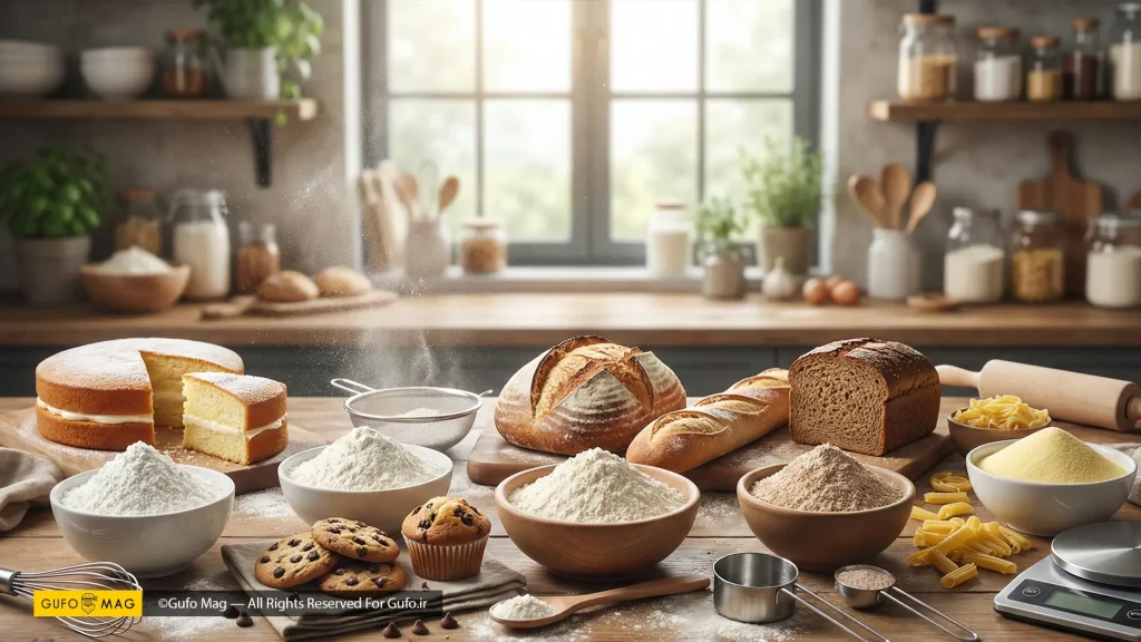 چیدمان انواع آردها، کیک، نانها و ابزارهای دقیق شیرینیپزی در آشپزخانه