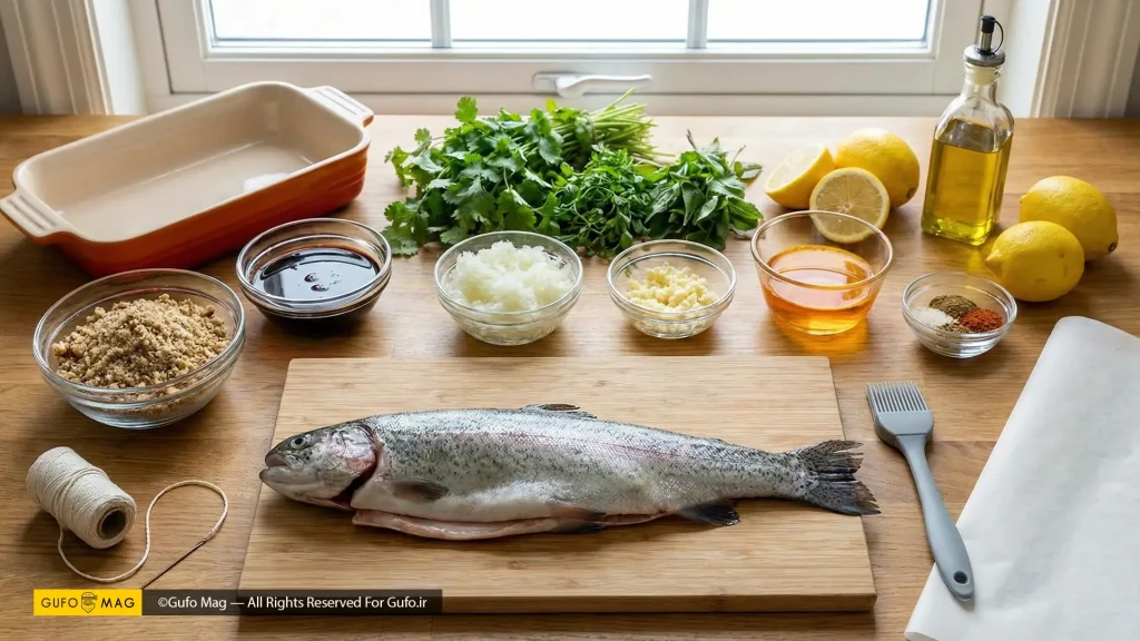 مواد اولیه و تجهیزات لازم برای تهیه ماهی شکم‌پر