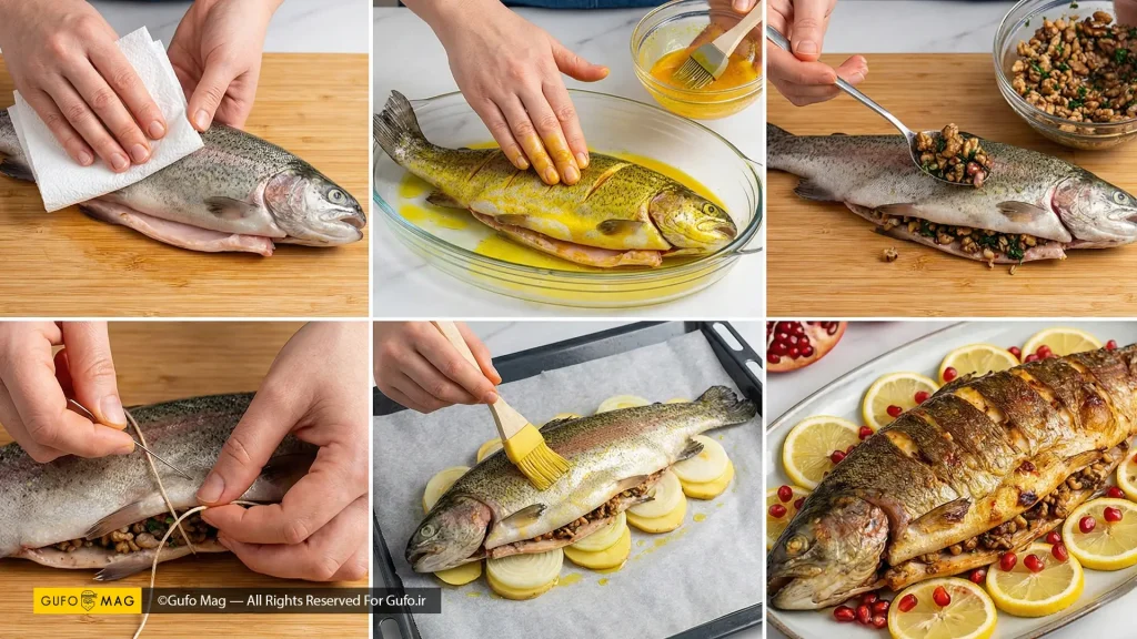 مراحل آماده‌سازی و پخت ماهی شکم‌پر