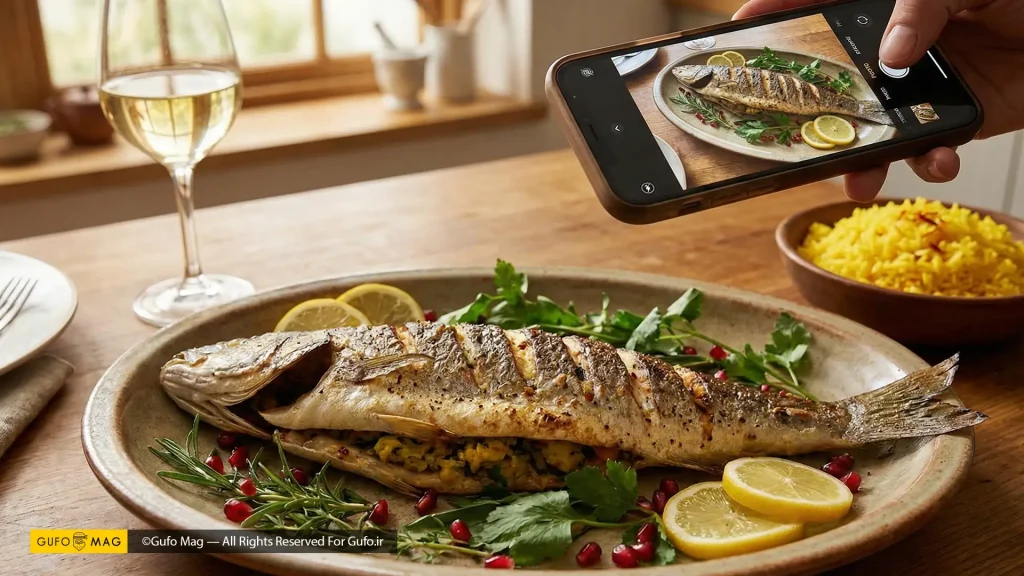 ماهی شکم‌پر مجلسی با تزیین کامل و مخلفات