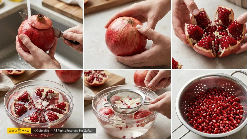 پنج مرحلهای دون کردن انار با روش غوطهوری در آب