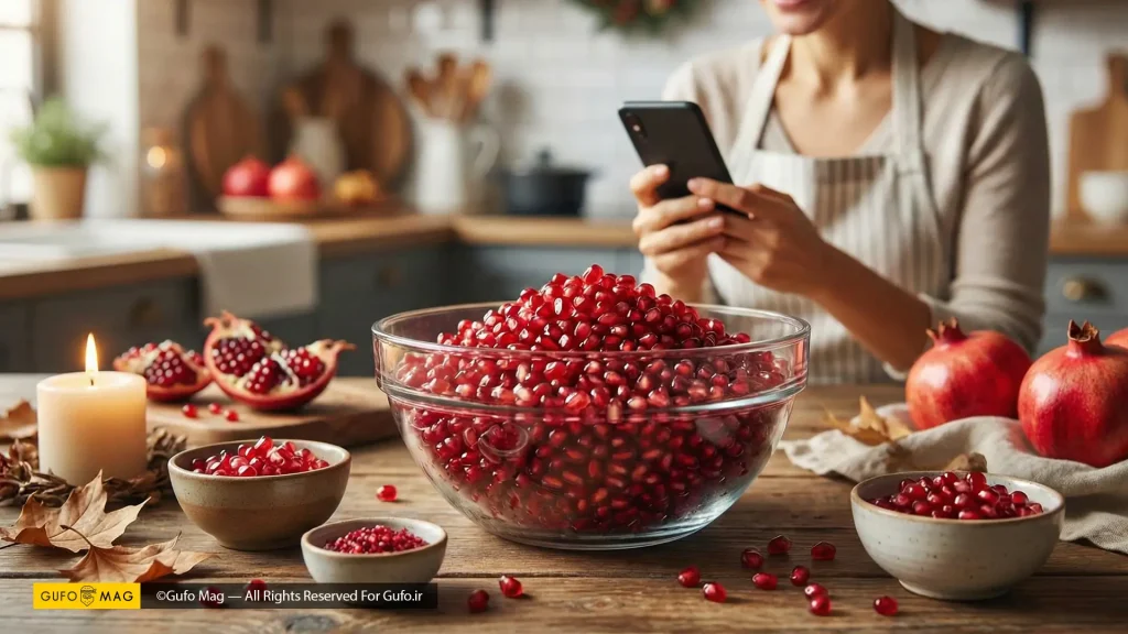 نمای نزدیک و جذاب از کاسه پر از دانههای انار