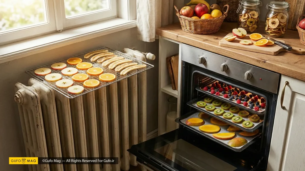فرآیند خشک کردن برشهای میوه به طور همزمان در فر و روی شوفاژ در یک آشپزخانه