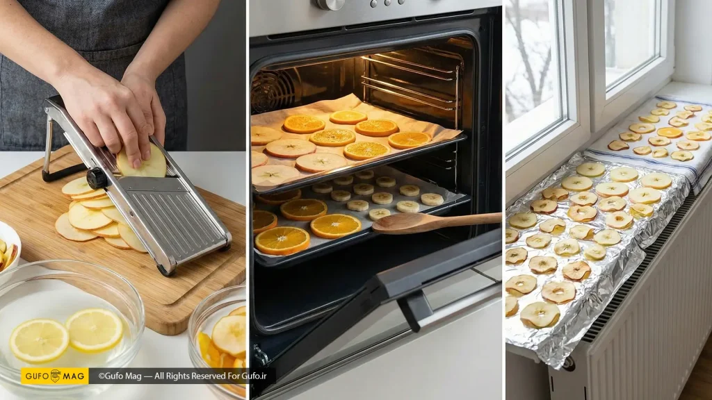 تهیه چیپس میوه، برش دقیق با ماندولین، خشک کردن در فر و خشک کردن روی رادیاتور