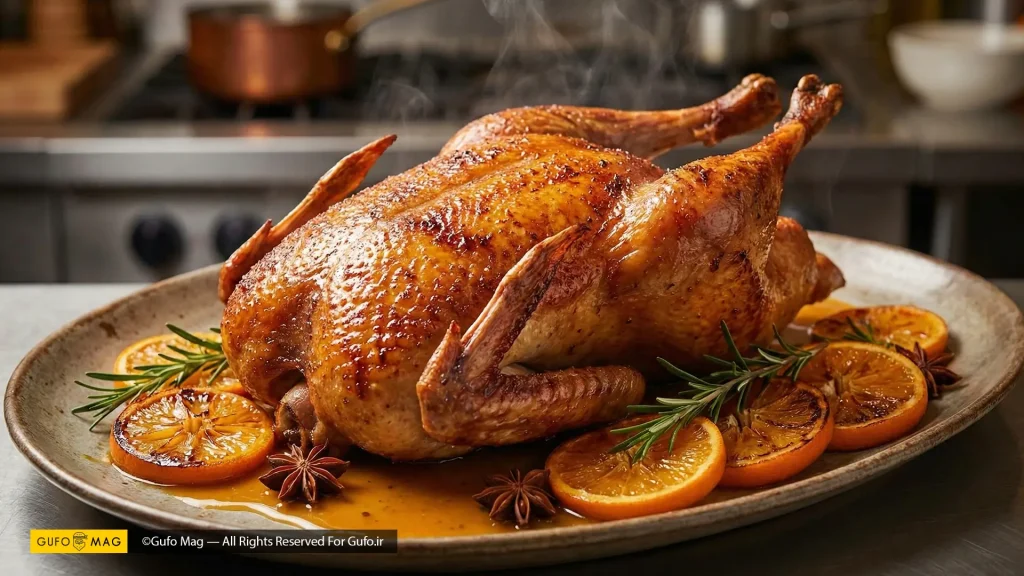 اردک بریان کامل و داغ با تزیین برشهای پرتقال و رزماری